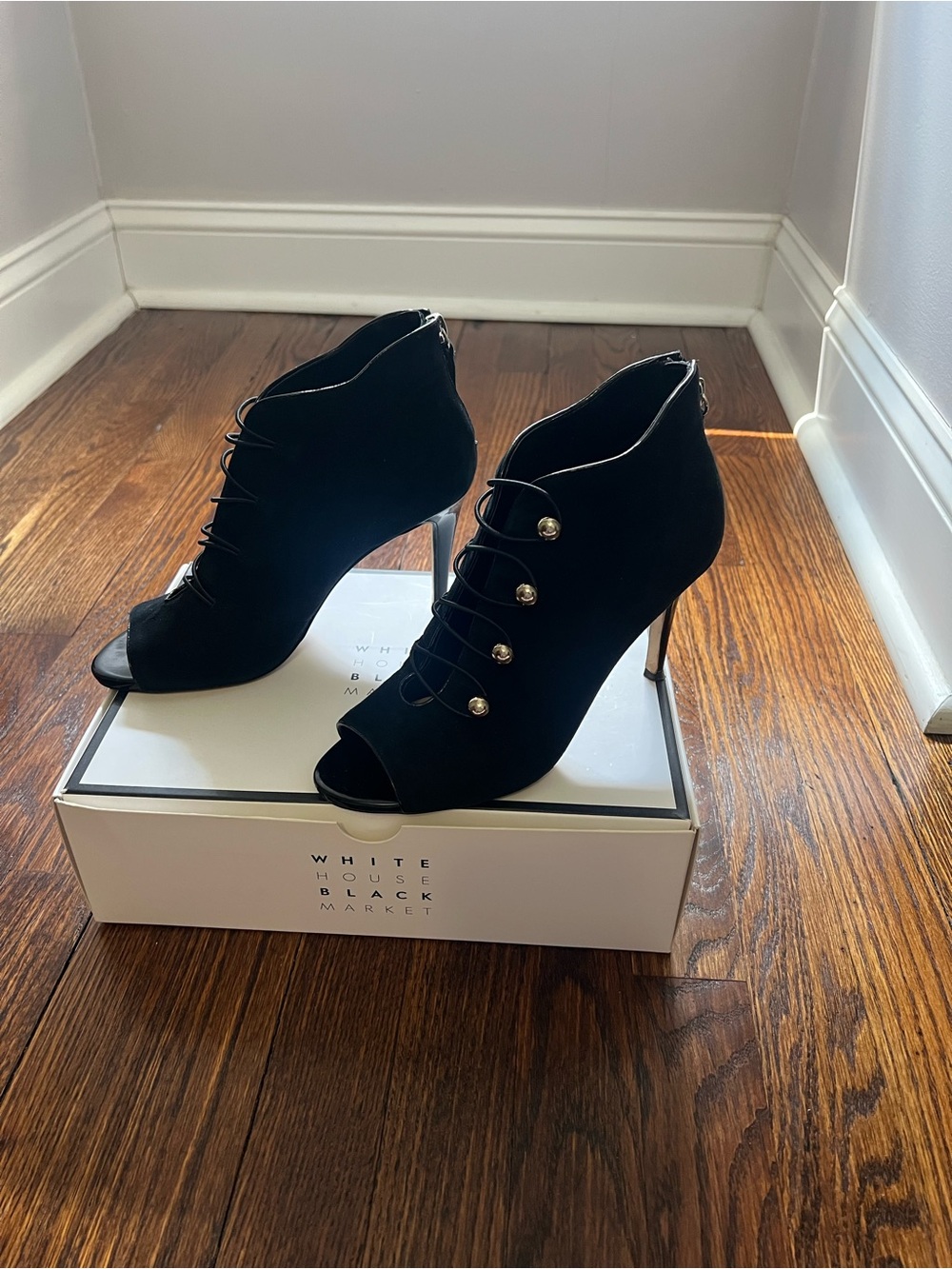 White House Black Market Black Peep-Toe Lace-Up Heeled Booties with Gold Buttons